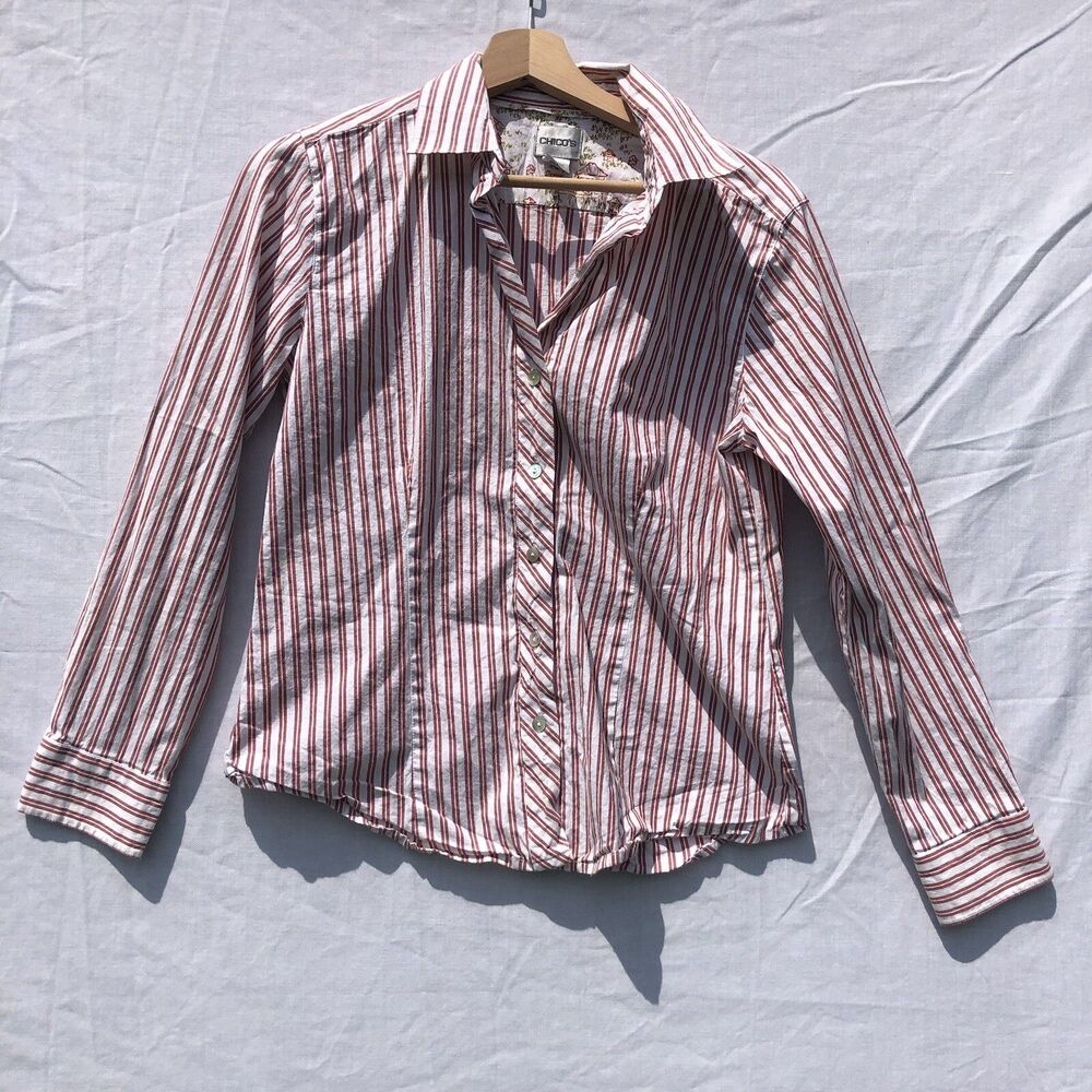 Red White Striped Button Up Shirt Chico's Size 1 Medium Cotton